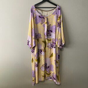Handmade Plus Size Rayon Floral Purple Yellow Keyhole Tie Front Dress